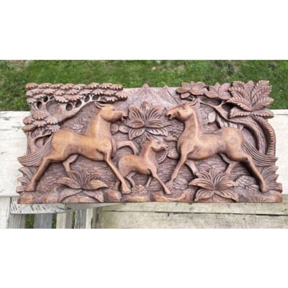 Vintage Italian Hand Carved Horses Wall Art Plaque Decor 15.5”x 8” - Picture 1 of 12